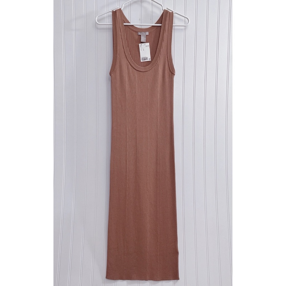 H&M Ribbed Knit Sleeveless Straight Hem Midi Dress In Light Brown NWT